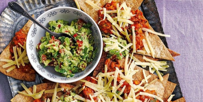 visualizes a potential presentation for CBD guacamole and nachos recipe