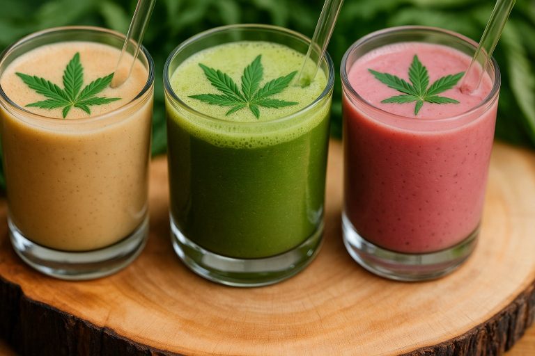 Three colorful CBD smoothies in glasses topped with hemp leaves, representing CBD smoothie recipes from CBDOilDirect.ca